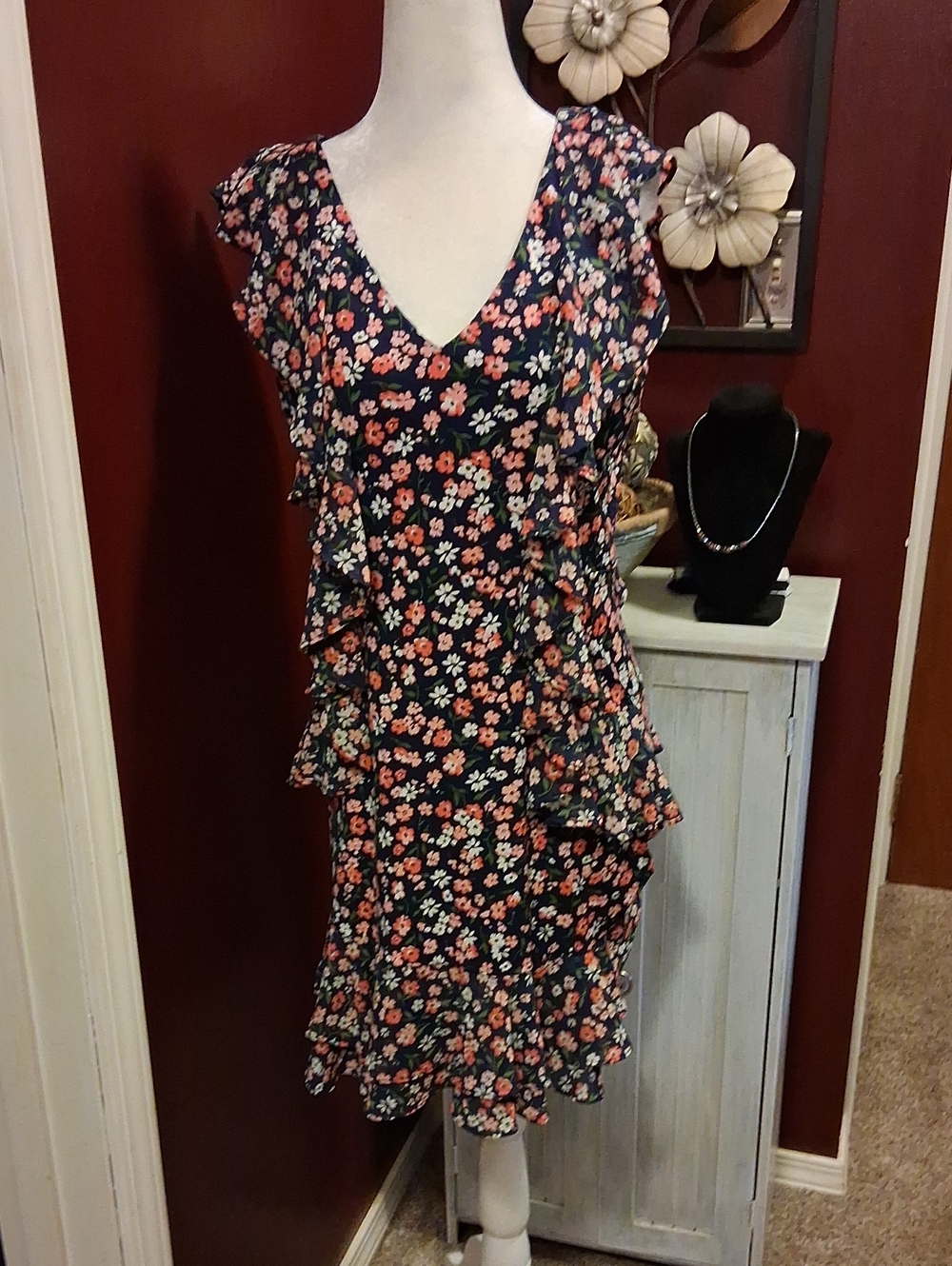 Michael Kors Navy Floral V-Neck Ruffle Mini Dress